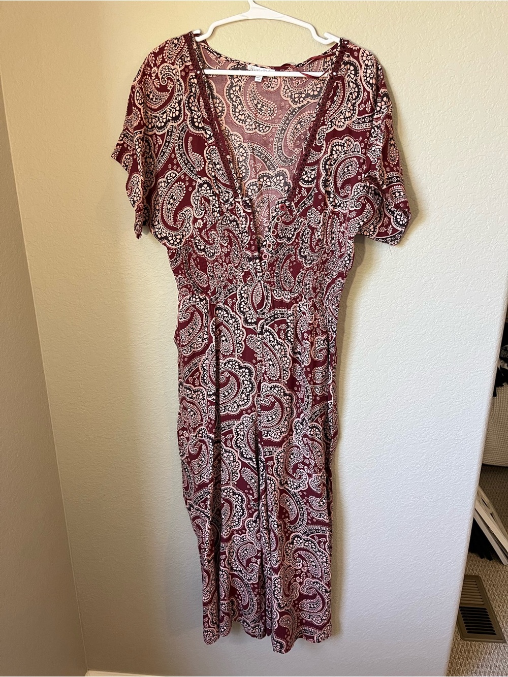 Patrons of Peace Burgundy Paisley Boho Wide Leg Jumpsuit Size Large Festival